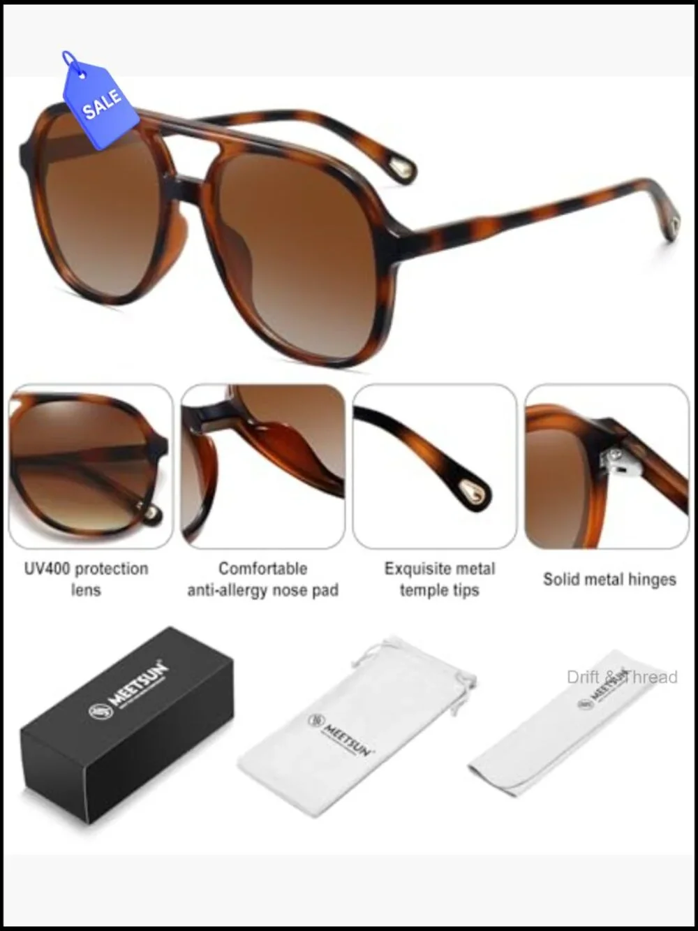 Retro Oversized Aviator Sunglasses 3-Pack UV400 Double Bridge Unisex Pilot